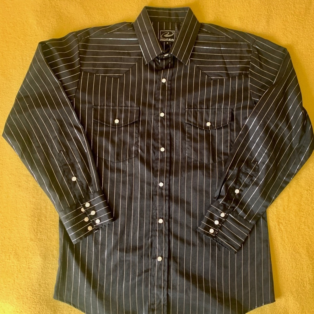Roper M medium long sleeve men’s western snap front shirt black + silver stripes